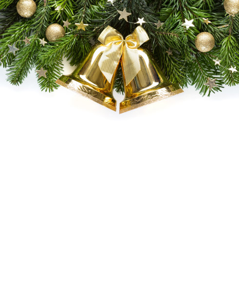 圣诞节的边界上有冷杉树枝和孤立在白色背景上的小装饰品。平的。有选择性的重点图片下载