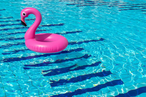 火烈鸟孤立。粉红色的充气火烈鸟在游泳池的水为夏天的海滩背景。池浮动。图片下载