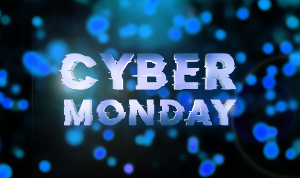 网络星期一销售蓝色横幅。网络促销活动。3 d渲染。闪闪发光和短信星期一。图片下载