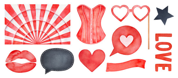 手绘水彩插图的各种明亮的元素和配件的聚会庆祝。裁剪剪纸创意设计，旗帜，图案，邀请模板，女孩贴纸。图片下载