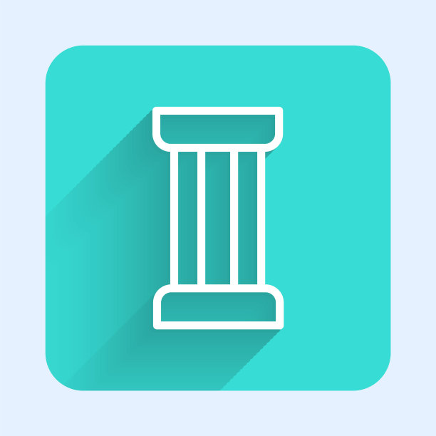 白线古柱图标孤立与长影子。绿色广场按钮。向量图片下载