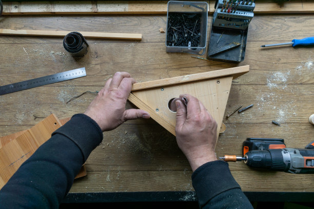 有木制鸟笼的业余木匠。图片下载