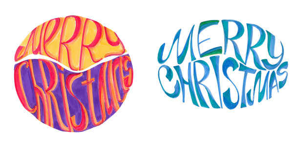 用红色，紫色和蓝色的记号笔写两个圣诞快乐的字母。孤立在白色背景上。图片下载