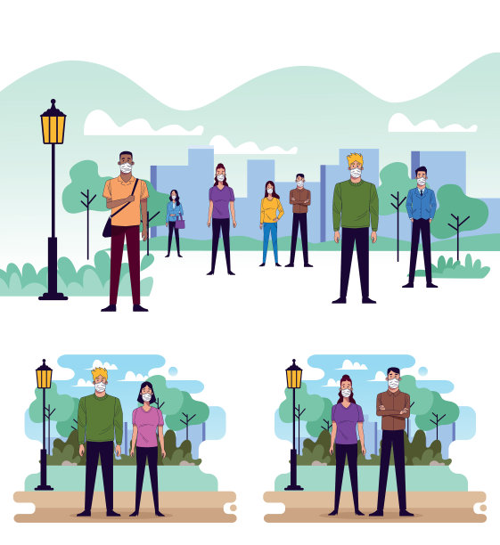 一群人戴着医用口罩在公园里图片下载