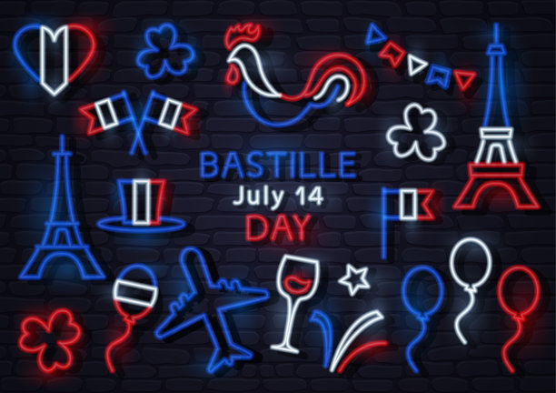 法国国庆日7月14日霓虹心形图标图片下载