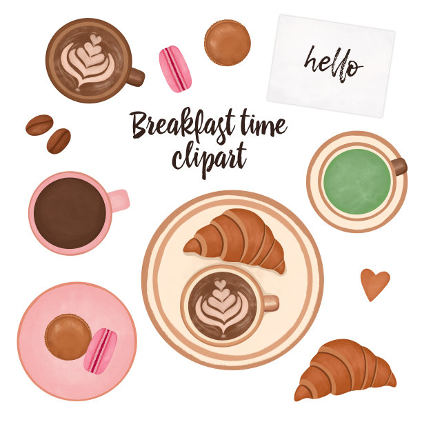 早餐时间剪贴画，舒适的早晨设置，咖啡，抹茶，羊角面包设置，你好卡片，早上好设置，计划女孩贴纸，装饰，计划设置图片下载