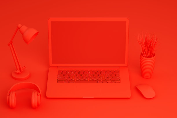空屏幕笔记本电脑在红色背景图片下载