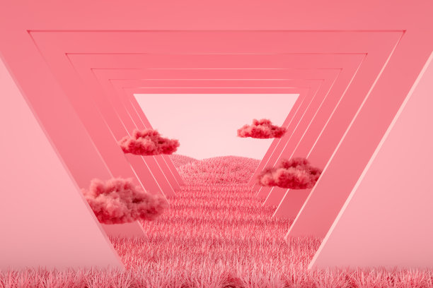 抽象隧道与云彩在草地上，粉红色的颜色图片下载