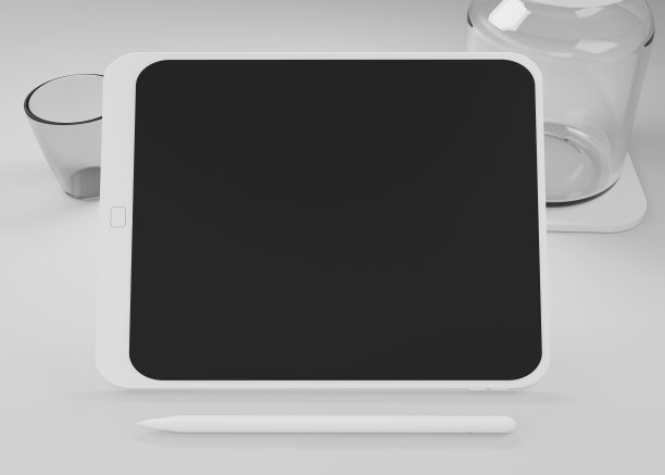 3d渲染白色平板电脑与黑白屏幕隔离。白色的电脑设备。带空白屏幕的Pad。模型产品。有罐子和咖啡杯。图片下载