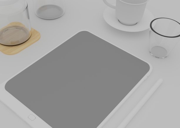 3d渲染白色平板电脑与黑白屏幕隔离。白色的电脑设备。带空白屏幕的Pad。模型产品。有罐子和咖啡杯。图片下载