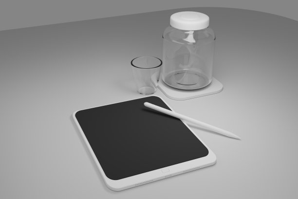 3d渲染白色平板电脑与黑白屏幕隔离。白色的电脑设备。带空白屏幕的Pad。模型产品。有罐子和咖啡杯。图片下载