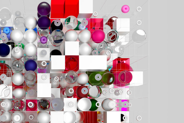 基于简单几何图形的超现实构图的3d背景，如立方体、矩形、球体、金属丝结构中的灰色金属、白色塑料和灰色背面的紫色玻璃材料，看起来像游戏马赛克拼图图片下载