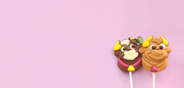两个巧克力糖果粘在牛的形式，象征新年，牛和牛甜蜜的夫妇，粉红色的背景，横幅，复制空间，平铺图片下载
