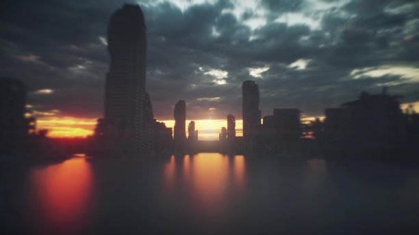 摧毁城市。雾中的末日城市。三维渲染图片下载