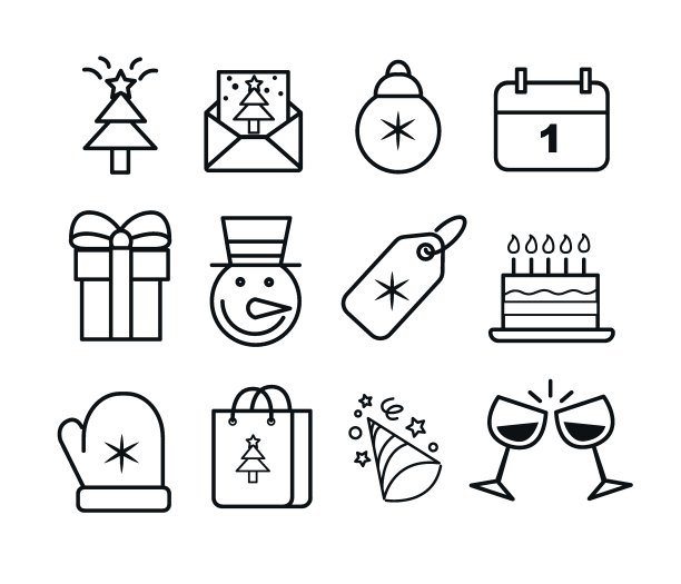 新年细线矢量图标设置。像素完美。套装包括图标，如新年，冬天，礼物，圣诞树，圣诞节，雪花，日历，庆祝。图片下载