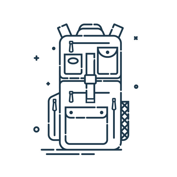 有口袋和拉链的背包或书包。教育和学习背包的学生和旅游的标志。旅游袋。前视图。平面线艺术插图孤立的白色背景图片下载