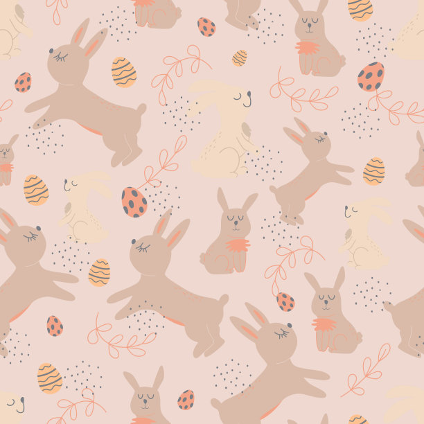 兔子和鸡蛋的无缝背景。北欧风格的育儿室装饰壁纸。向量。适合童装、室内设计、包装、印刷。图片下载