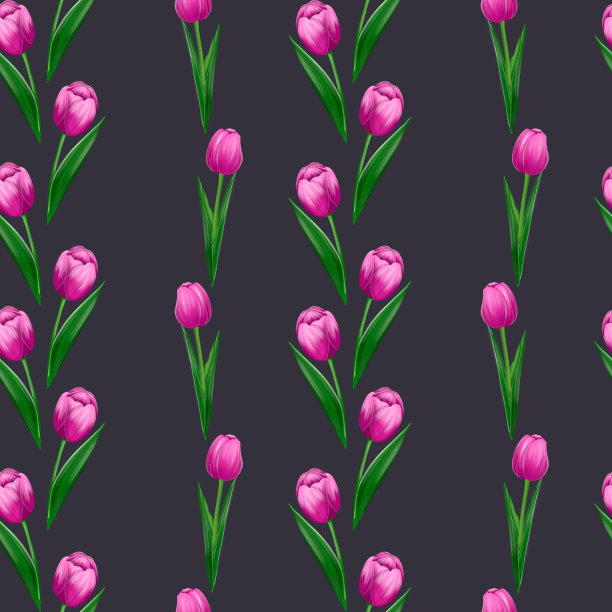 无缝图案的粉红色郁金香与绿色的叶子在深紫色的背景。图片下载
