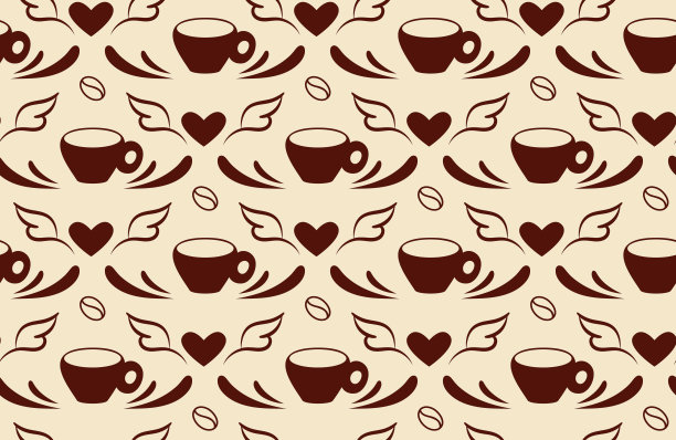 浪漫的无缝模式。热爱咖啡概念。时尚的纹理与豆子，心形，杯形轮廓，繁盛的叶子。棕色插图在米色背景图片下载