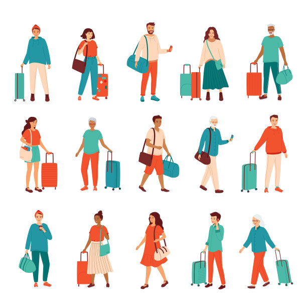 来自不同民族的快乐青年和老年男女的集合。人们拿着行李箱和旅行袋站着。旅游，商务旅行，旅游。矢量图集图片下载
