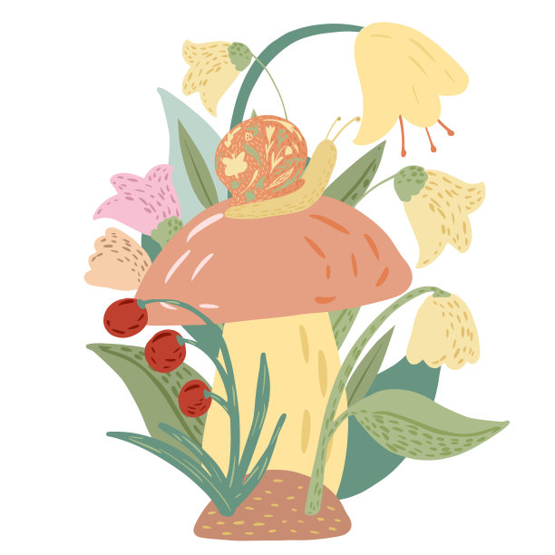 蜗牛在蘑菇上，白色背景上有花。有趣的卡通人物在涂鸦风格。图片下载