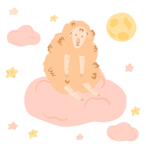 构图小羊坐在白色背景上的云上。抽象可爱的图片涂鸦。图片下载