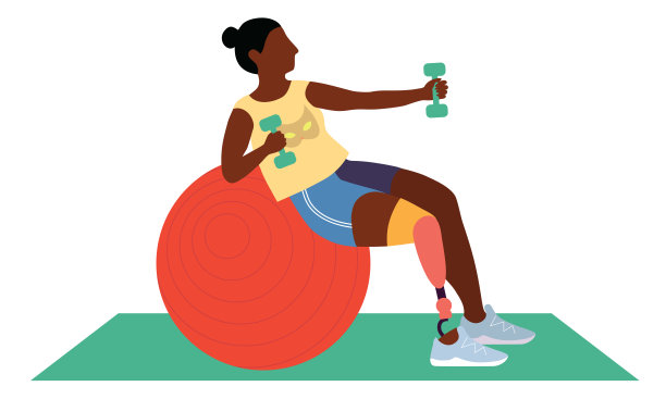 下肢截肢的女性在锻炼中使用哑铃和健身球。图片下载