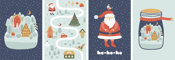 神奇的圣诞场景海报集。圣诞景观，旅游地图，圣诞老人。冬季tempates。村庄,森林图片下载
