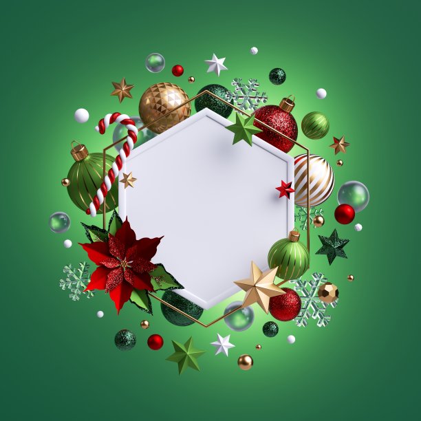 3d渲染，圣诞绿色背景与玻璃球。白色六角形框架与空白复制空间装饰节日装饰品，一品红花，糖果手杖，星星。图片下载