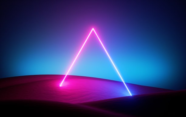 3d渲染，抽象现代简约霓虹背景。发光的三角形框架，金字塔在空旷的沙漠中间。未来的风景图片下载