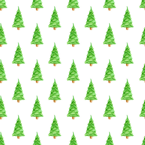水彩无缝图案与可爱的绿色圣诞树。手绘常绿冷杉森林树木装饰孤立在白色的背景。包装纸插图，贺年设计。图片下载
