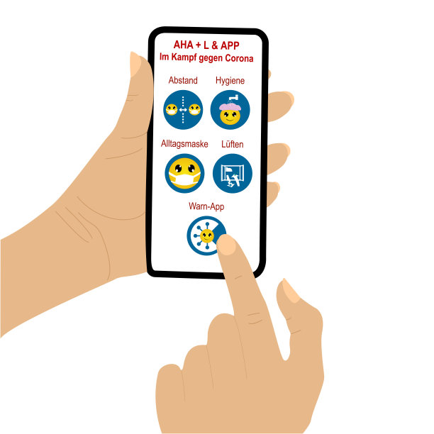 手持手机与Aha + L &应用程序。图标与表情符号。图片下载