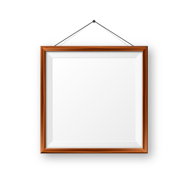 写实的空白木框挂在墙上。现代海报模型。空相框与纹理的木材。艺术画廊。矢量图图片下载