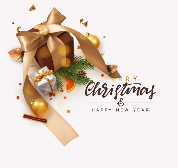 圣诞快乐，恭贺新禧。背景与现实节日礼盒。圣诞礼物。棕色盒子与米色丝带礼物惊喜，金色圣诞装饰物，球，闪闪发光的金色五彩纸屑。图片下载