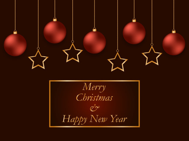 新年红色背景，金色的星星和红色的球。圣诞玩具漂亮地挂在金链子上。图片下载