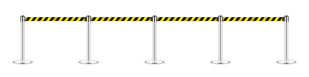 现实的矢量可伸缩皮带支柱。人群控制路障上有警戒带。队列。限制边界和危险带图片下载