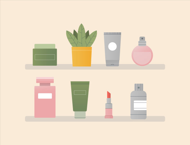 护理化妆品站在架子上。香水，乳液，油，霜，磨砂膏，精华液。有机天然化妆品的概念。平面风格矢量插图，绿叶，植物，热带树叶。图片下载