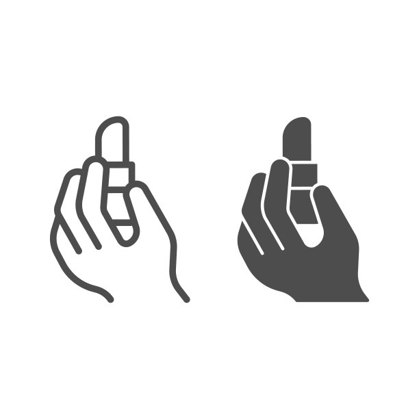 口红在手线和固体图标，化妆常规概念，化妆品产品在手标志上的白色背景，女性手握口红图标轮廓风格的移动和网络。矢量图形。图片下载