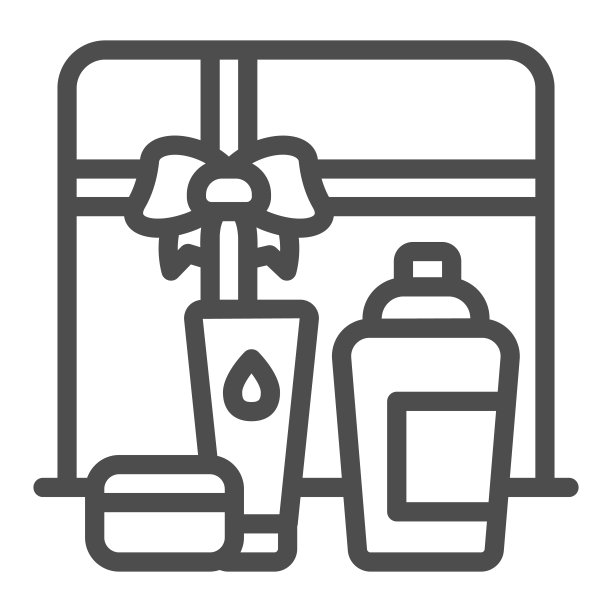 化妆品礼品套装线图标，化妆程序的概念，奶油管和瓶子与目前的包装标志在白色的背景，美丽套装礼品图标在轮廓风格的移动。矢量图形。图片下载