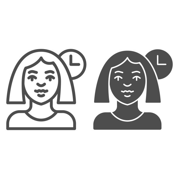 女人和时钟线和固体图标，化妆常规概念，在白色背景上的时钟标志上的女人活动，女孩和手表图标轮廓风格的移动概念和网页设计。矢量图形。图片下载