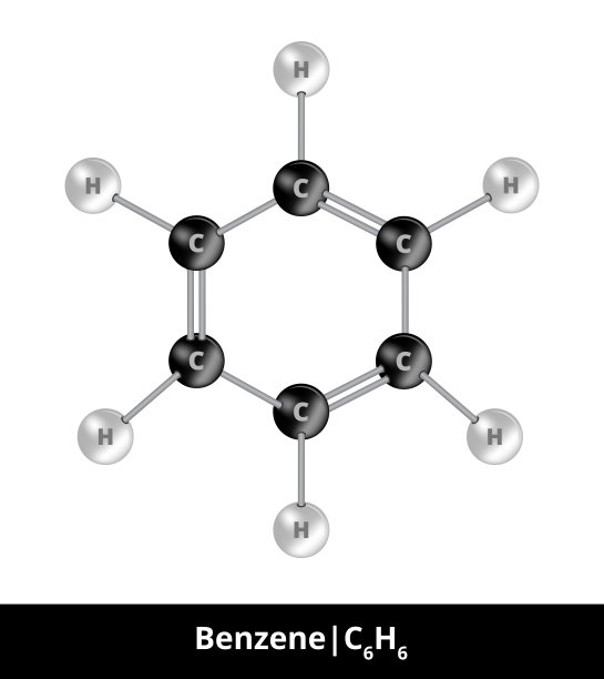 化学物质的矢量球棒模型。由碳和氢组成的苯分子C6H6的图标。结构公式适合孤立在白色背景上的教育。图片下载