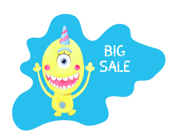 可爱的黄色水彩画怪物享受折扣。蓝色背景上刻有“大减价”字样。儿童商店的海报或横幅广告。图片下载