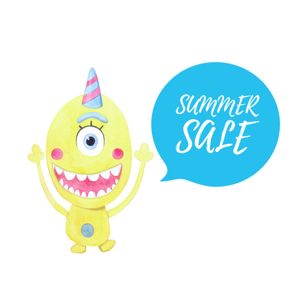 可爱的黄色水彩怪物享受折扣。在演讲泡沫上刻有“夏季促销”海报或商店横幅广告。图片下载