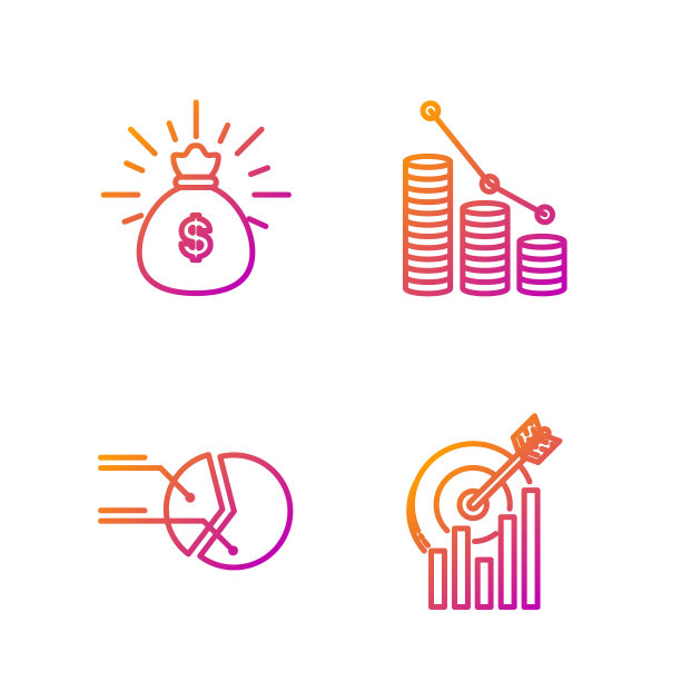 设定线目标与图形图表，饼图信息图，钱袋和饼图信息图和硬币。渐变颜色图标。向量图片下载