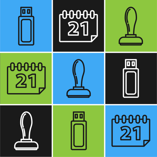 设置线路u盘，邮票和日历图标。向量图片下载