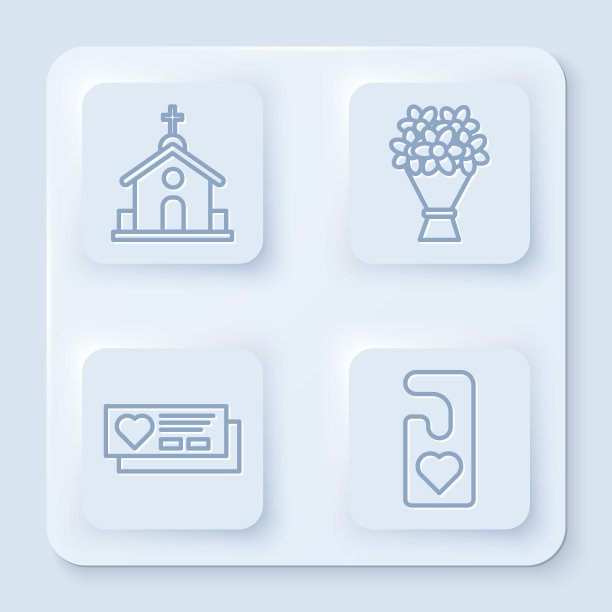 设线教堂建筑，花束，票用心和请不要打扰用心。白色方形按钮。向量图片下载