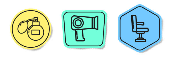 设置须后水，吹风机和理发店椅。颜色的形状。向量图片下载