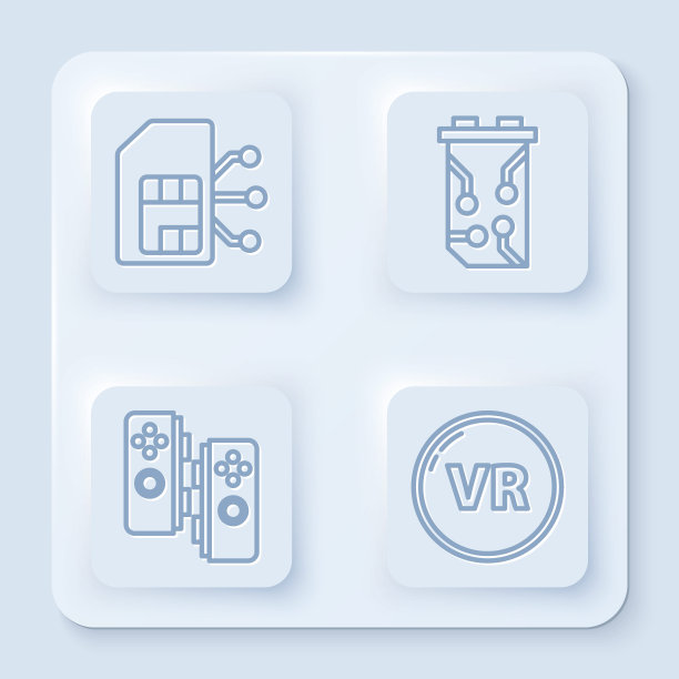 设置线路Sim卡，视频显卡，手柄和虚拟现实。白色方形按钮。向量图片下载