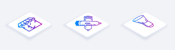 设置等距线理发店大楼，交叉电动理发剪或剃须刀和剃须刷。白色方形按钮。向量图片下载