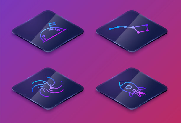 设定等距线行星与旗帜，黑洞，大熊星座和火箭船与火。蓝色方块按钮。向量图片下载